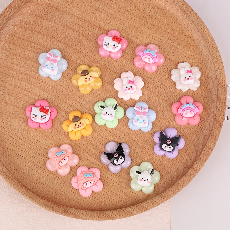 5/10Pcs Sanrio Cartoon Transparent Flower Series Flatback Resin Miniatures DIY Hello Kitty Kuromi Resin Cabochon Decorations