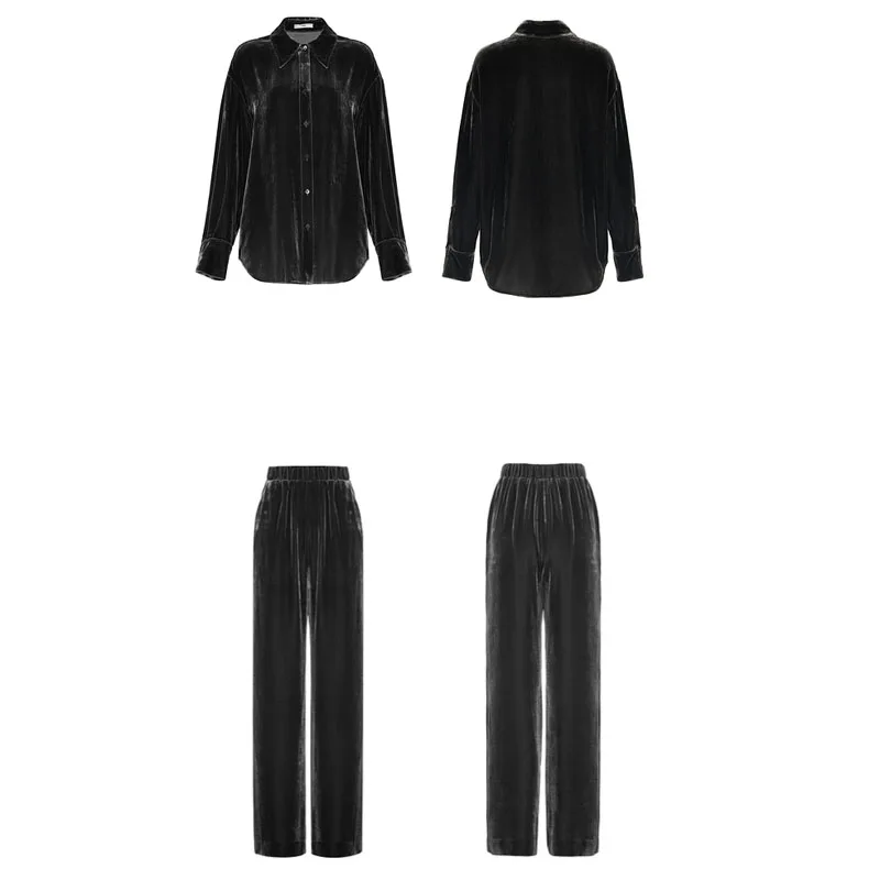 Silk Velvet Spring Autumn Women\'s Suit High-end Shirt Wide-leg Pants Two-piece Outdoor Loose Travel Jogging Black Leisure Suit