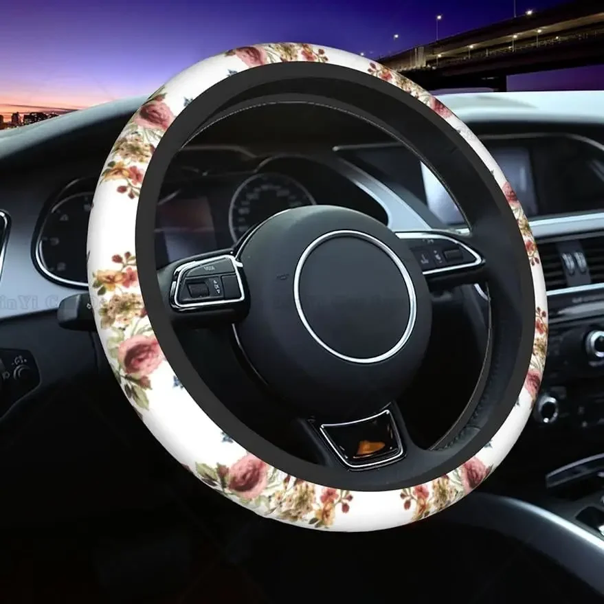 Steering Wheel Cover Universal 15 Inch Anti-Slip Chic Roses Tulips Floral Butterfly Auto Car Steering Wheel Cover for Women Men