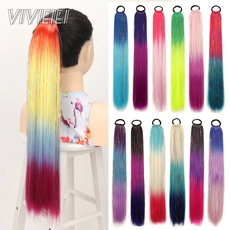 Colorful Ponytail Extension with Hair Tie Ombre Braid Ponytail Blend Hair Tinsel for Holiday Party Rainbow Festival halloween