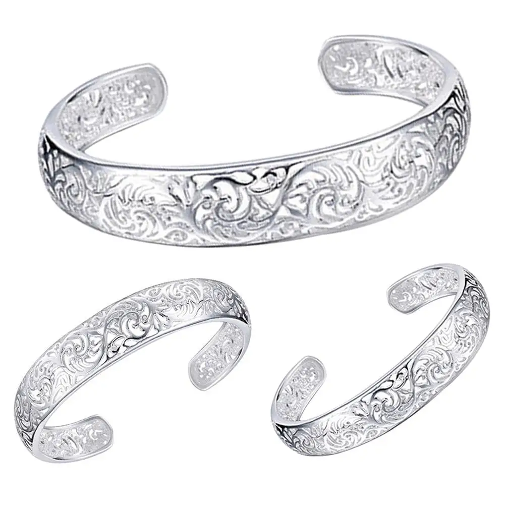 1Pc Cuff Bracelet Opening Exquisite Craftsmanship 925 Silver Bracelet Hollow Silver Color Carved Pattern Retro Bangle for Party