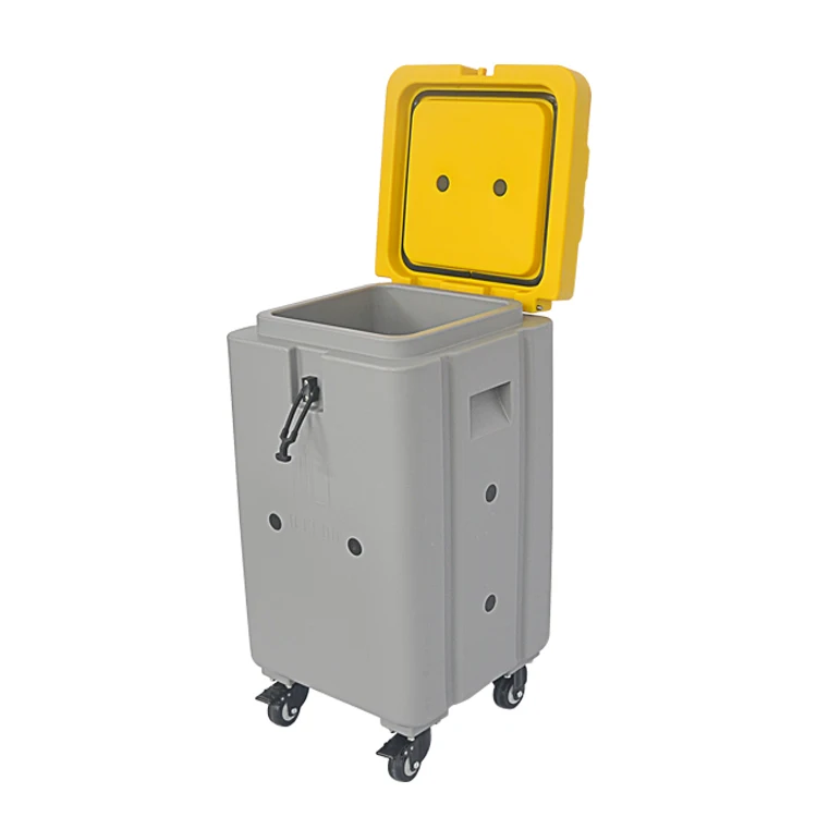 60-Liter insulated food dispensing container with wheels for dry ice and frozen food transportation