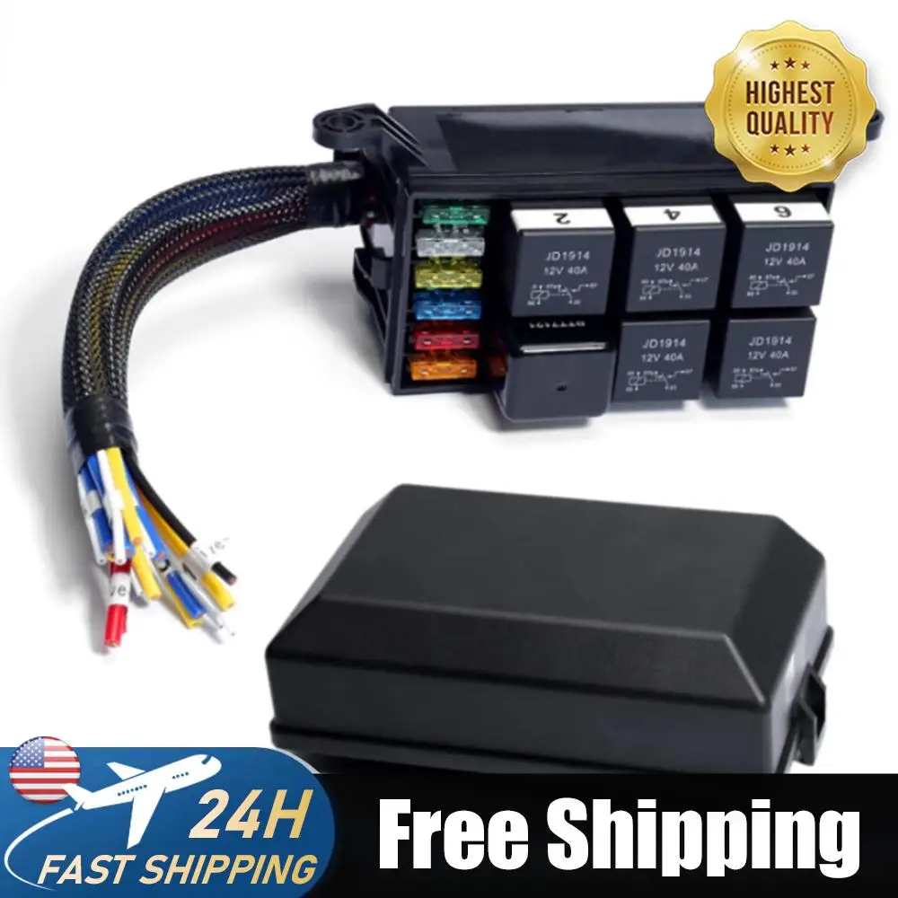 

6-Way 12V Car Fuse & Relay Box with Pre-Wired 40A 4-Pin Relays Plastic Control Module Modern Car Fuse Box Automotive Accessories