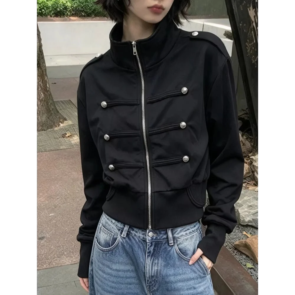 Autumn Women Retro Short Jacket Stand‑up Collar Zip‑up  Epaulets Double Breasted Buttons Cropped Coat Y2K Gothic Style