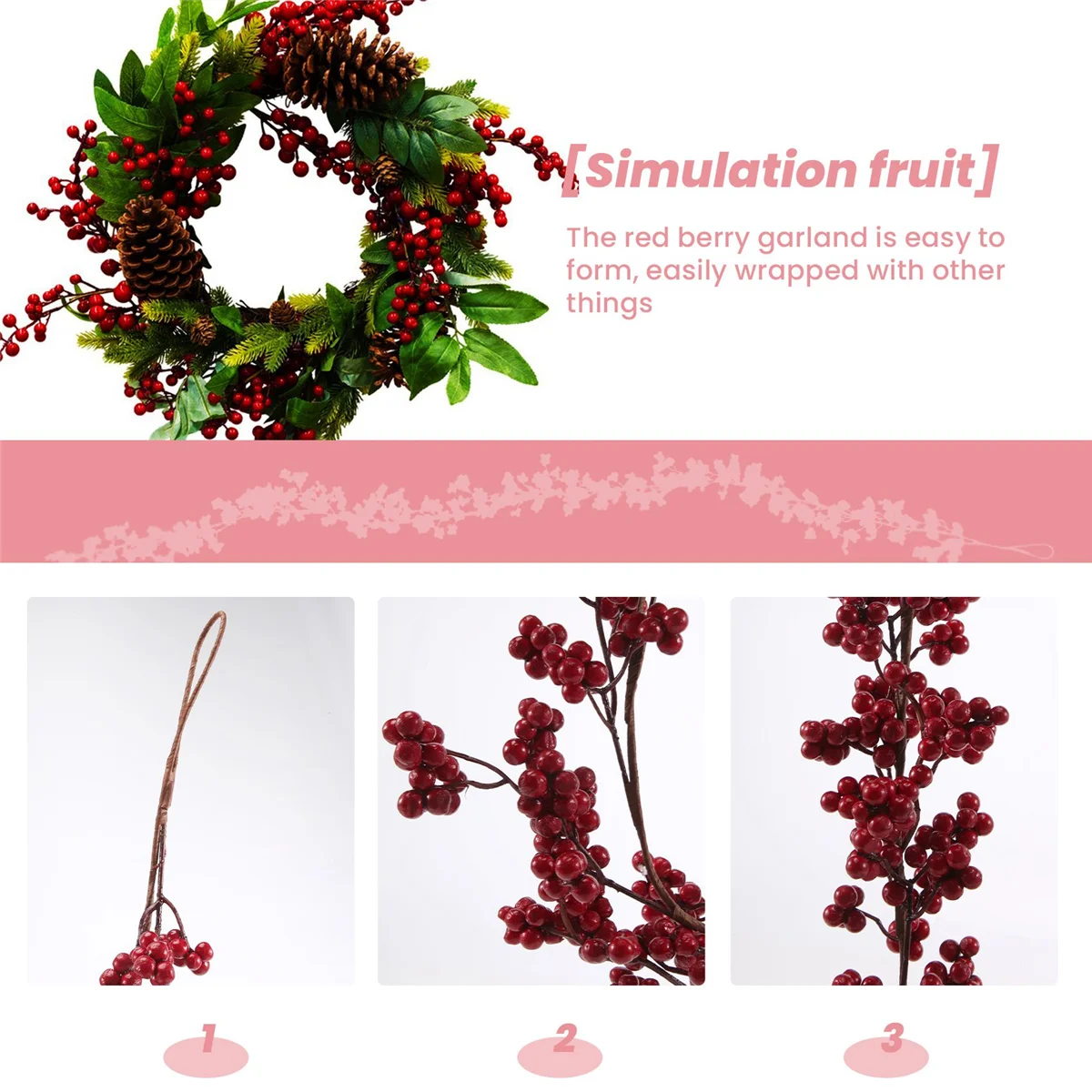 5.9 Ft Christmas Red Berry Garland Artificial Burgundy Red Pip Christmas Garland for Fireplace Decorations Holiday DecorJAS