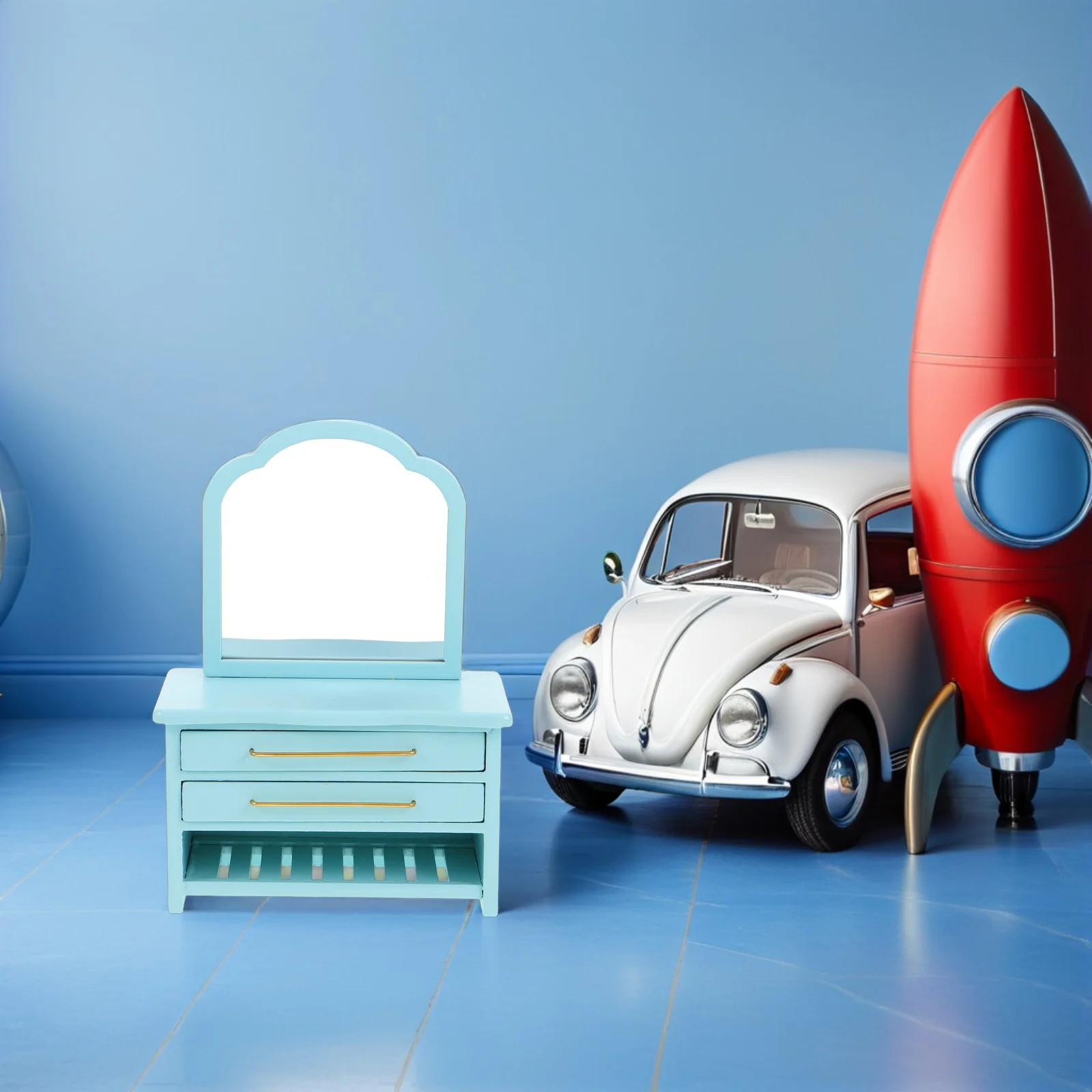 

Miniature Blue Bathroom Cabinet Mirror Dollhouse Vanity Table Drawer Modern Mini Bathroom Accessories Decorative Furniture