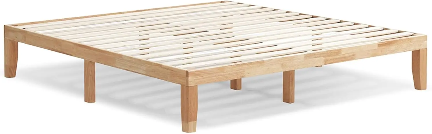 14 Inches Wood Platform Bed Frame King Size, Solid Wood Mattress Foundation with Rubber Wood Frame, Strong Poplar Slat