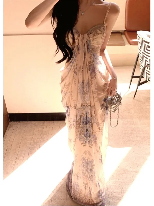 

Beach Vacation Floral Print Mesh Dress Beautiful Dopaamine Long Skirt V Neck High Waist Sleeveless Umbrella Shape Gown