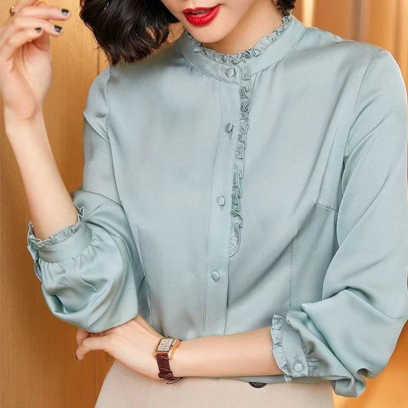 

Women Spring Autumn Style Chiffon Blouses Shirts Lady Solid color Casual Long Sleeve O-Neck Mushroom border Blusas Tops