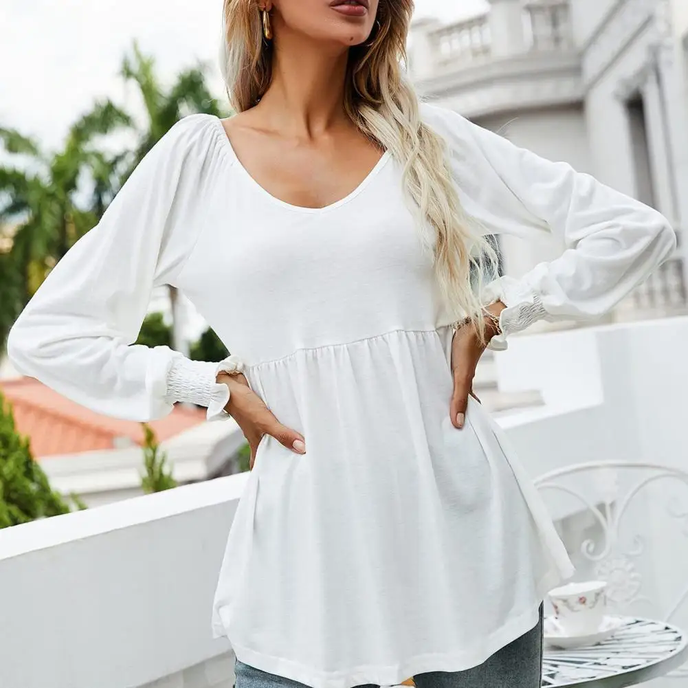 Tunic Shirt Pleated T-shirt Top Lantern Long Sleeve Lady Tunic Blouse