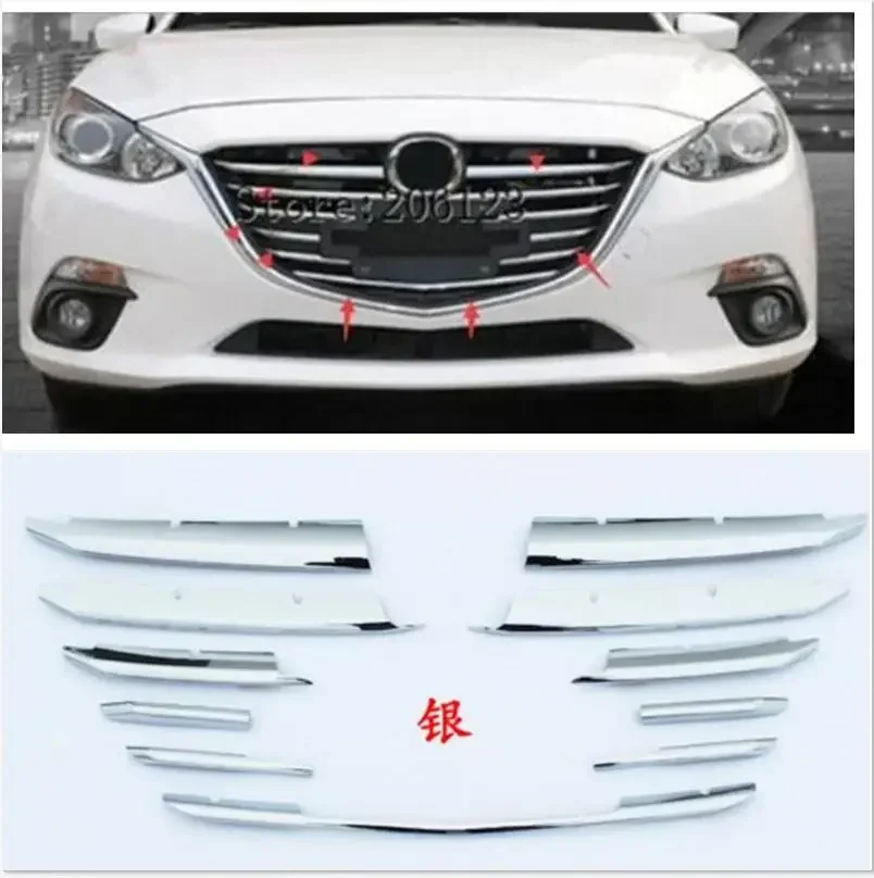 

Для Mazda 3 Axela M3 2014 2015 2016 Хромированный передний бампер радиатора, сетчатая решетка, крышка капота, накладка, молдинг, гарнирная защита, 11 шт.