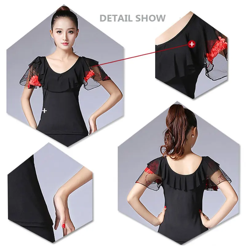 Mode Bühne Performance Kleidung Lotus Blatt Ärmel Wimpern Spitze Top Square Dance Flare Ärmel Frauen Kurzarm Dance Top