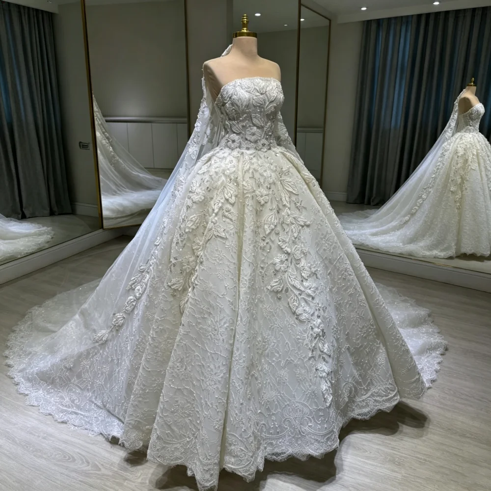 Customized Strapless 3D Flower Bridal Ball Dress Lace Beaded A-line Wedding Dress Church Train Luxury Bride Dress