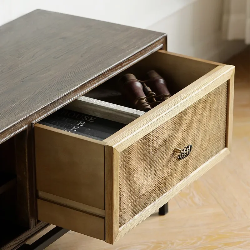 Nordic style solid wood TV cabinet living room wrought iron retro walnut locker