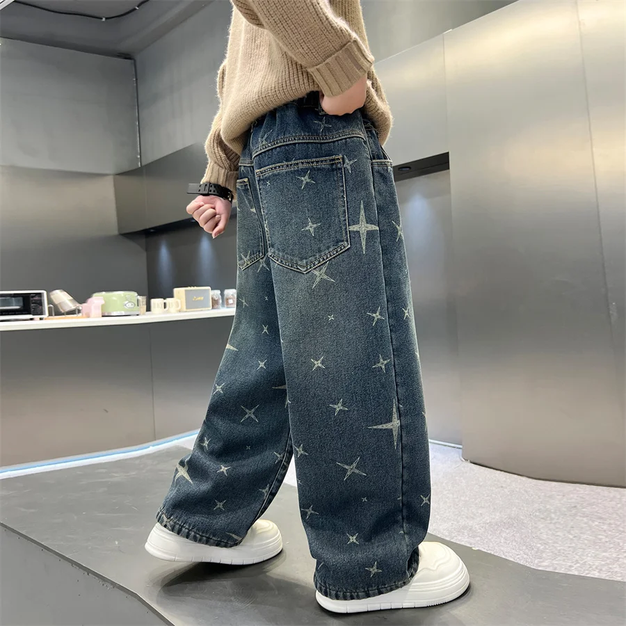 جديد أنيق الاطفال الصبي فضفاض مستقيم الجينز الحراري لفصل الشتاء الدافئة الدنيم السراويل مع نجوم الأطفال سميكة معزول الجينز السراويل