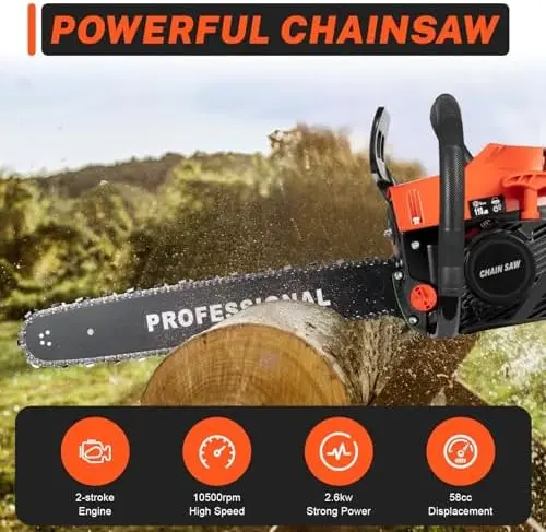 20 Inch Gas Chainsaw, 58CC 2-Stroke Gas Powered Chainsaw Kit, Portable Hand Pull Start Chain Saw with Air-cooling