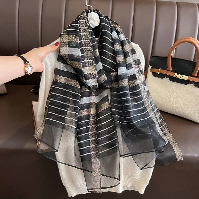 Luxury New Long Silk Scarf for Women Beach Hijab 2023 Elegant Shawls Female Head Wool Wraps Plaid Echarpe Bufanda Bandana