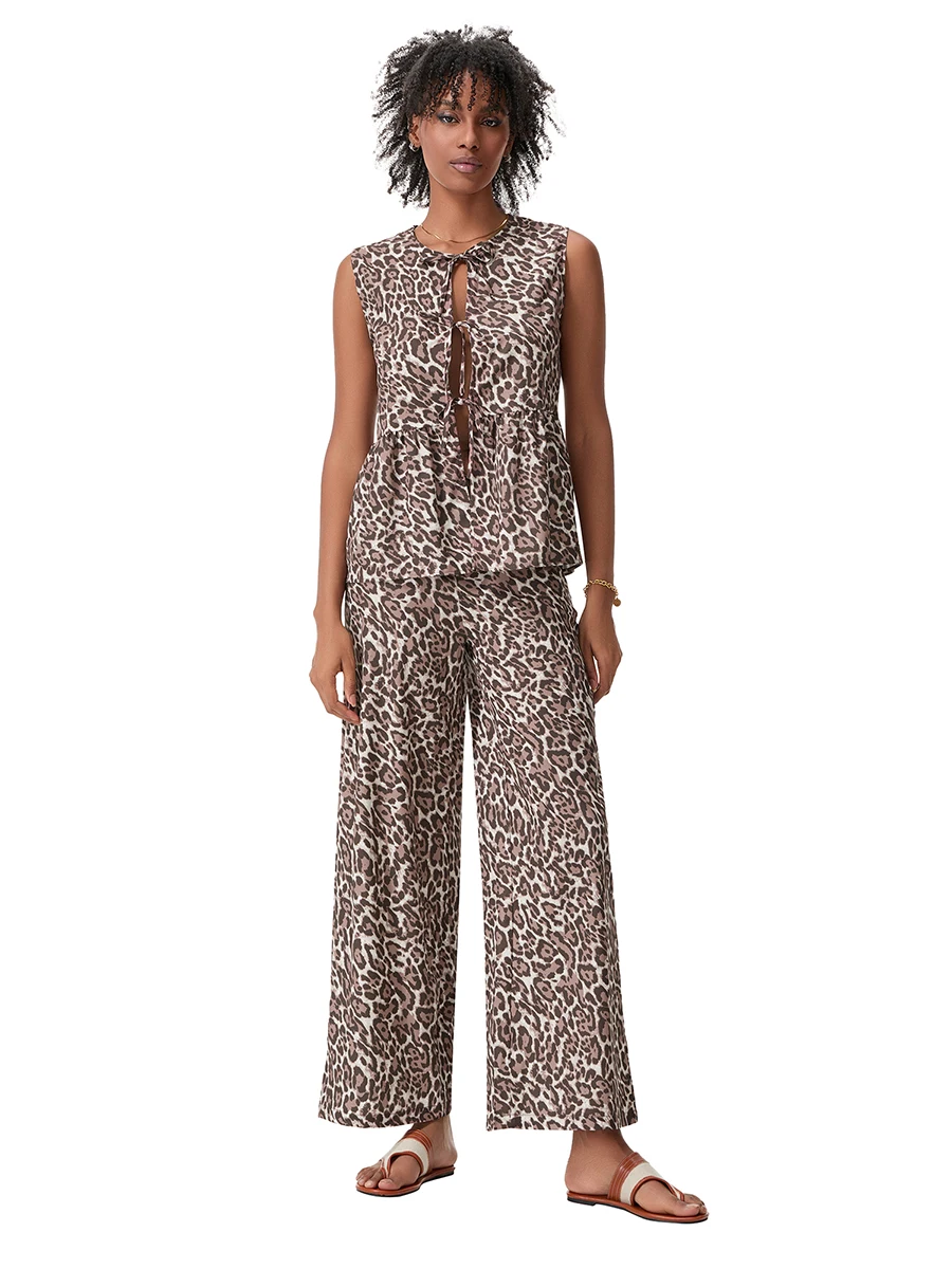 Women 2-Piece Leopard Set V-Neck Bow Lacing Loose Flowy Hem Tank Tops Wide Leg Long Pants Outfits