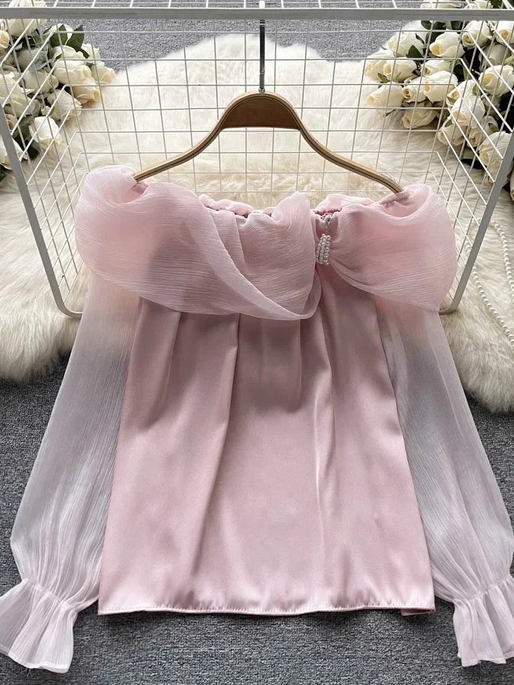 

Women Spring Shirt French Sweet Design Sense Niche One-shoulder Top Female Bell-sleeved Beautiful Small Shirt D1727
