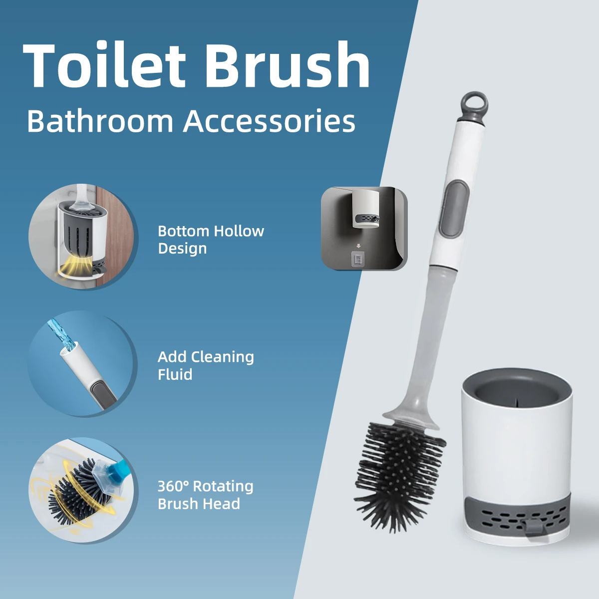 Toilet Brush Holder Set Silicone Toilet Brush with Refillable Handle Dispenser Bathroom Scrubber Cleaner Toilet Brush