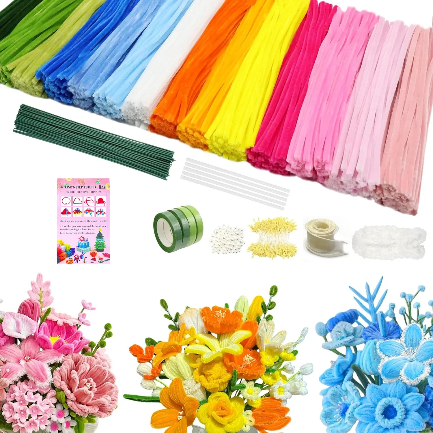 

Pipe Cleaners Flowers Kit, 14 Colors Chenille Stems with Flowers Instruction, Art and Craft Supplies