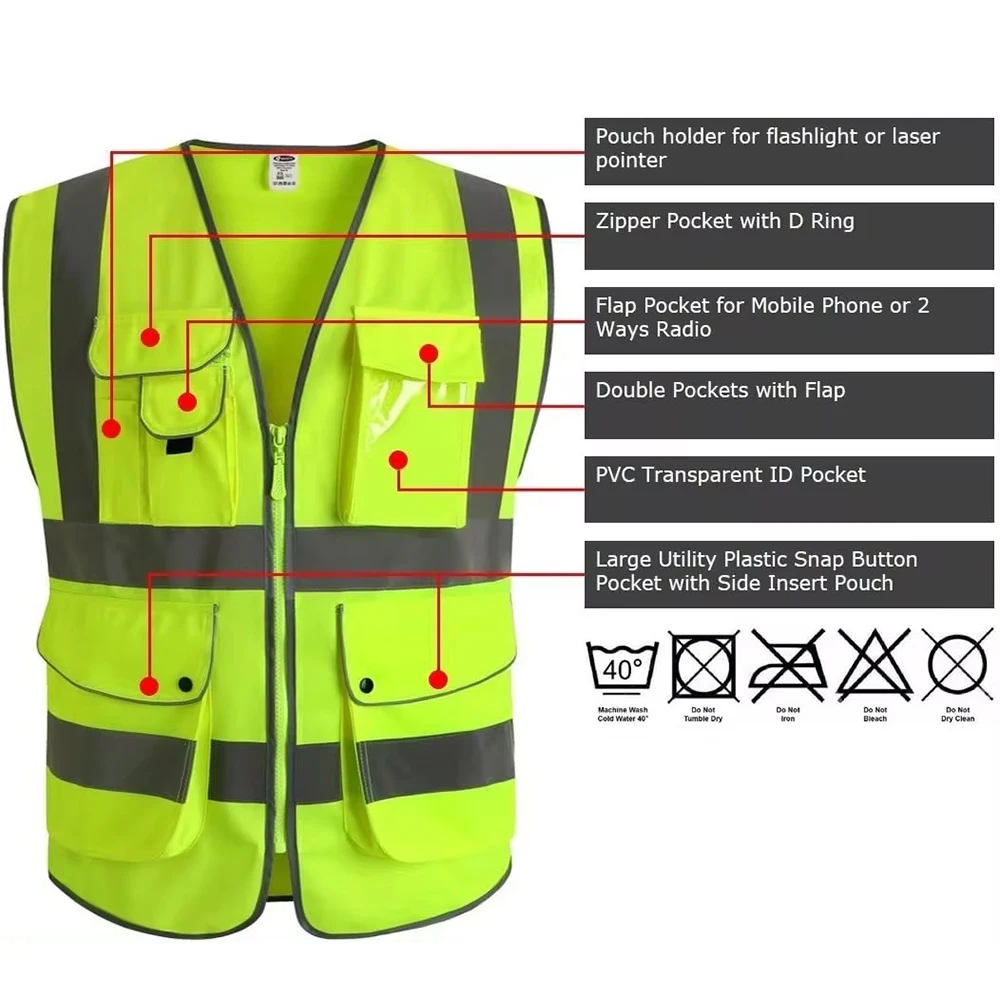 Refective Safety Vest with Multi Pockets High Visibility Construction Industrial Work Clothes for Men Women Hi Vis Workwear