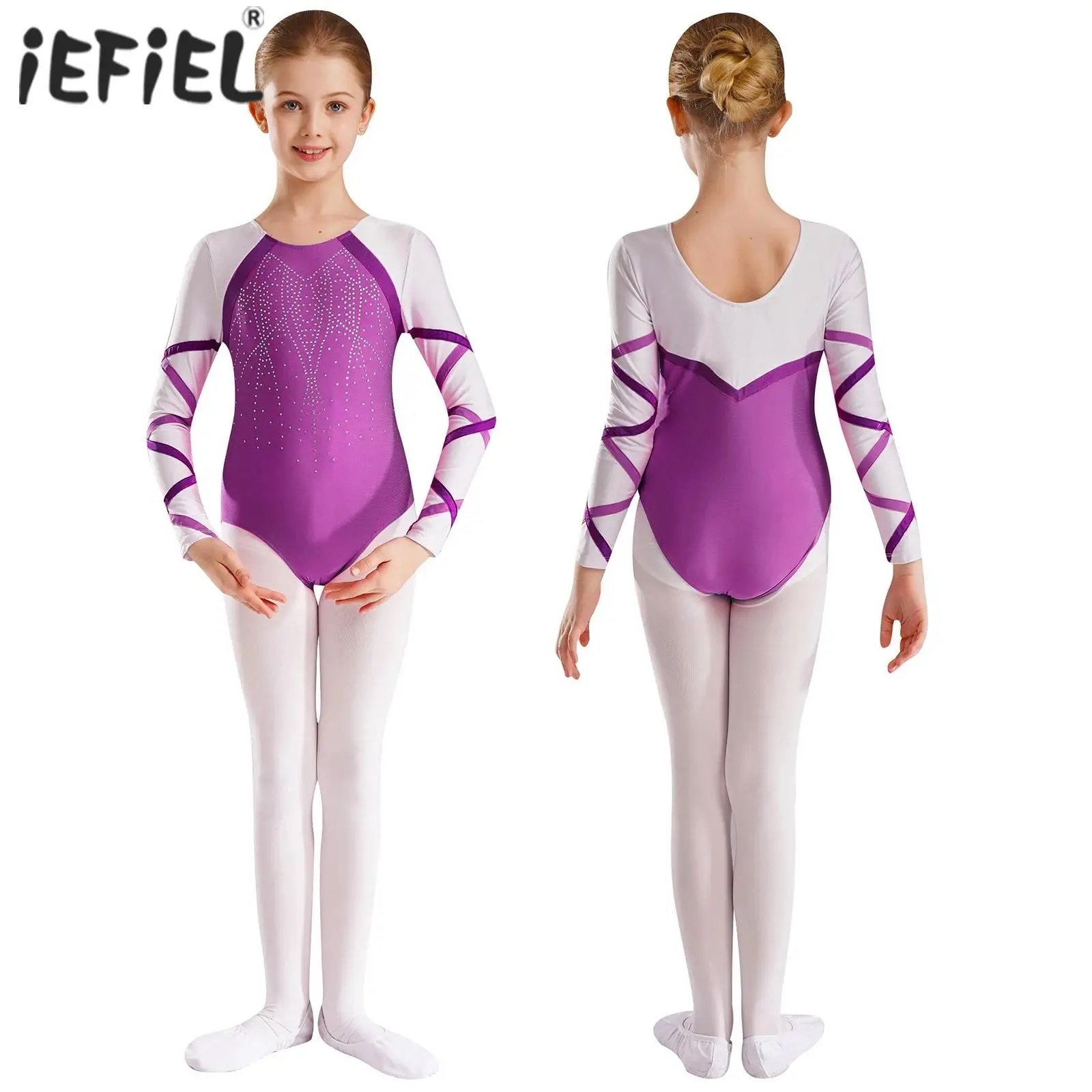 Kids Girls Ballet Gymnastics Leotard Figure Ice Skating Dance Unitard Shiny Sequins Rhinestones Round Neck Long Sleeve Bodysuit