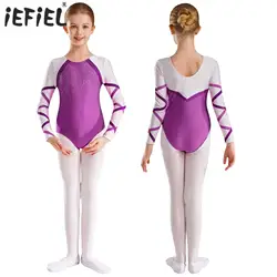 Kids Girls Ballet Gymnastics Leotard Figure Ice Skating Dance Unitard Shiny Sequins Rhinestones Round Neck Long Sleeve Bodysuit