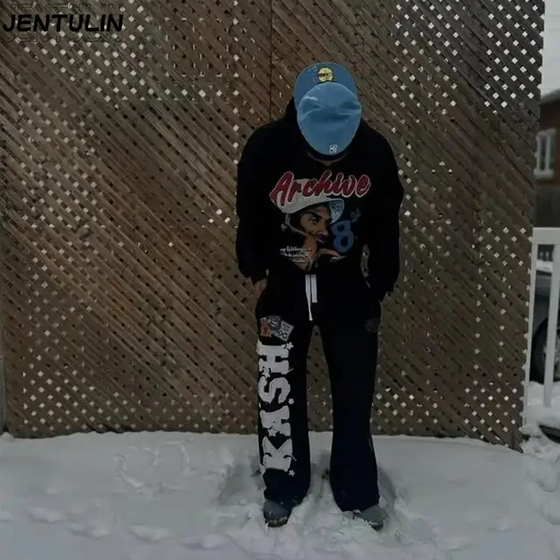 Sweatpants الأمريكية Y2K السراويل الرجال القوطية الهيب هوب إلكتروني التصحيح الرجعية طبقة مزدوجة تصميم فضفاض مرونة الخصر الركض سراويل تقليدية #2