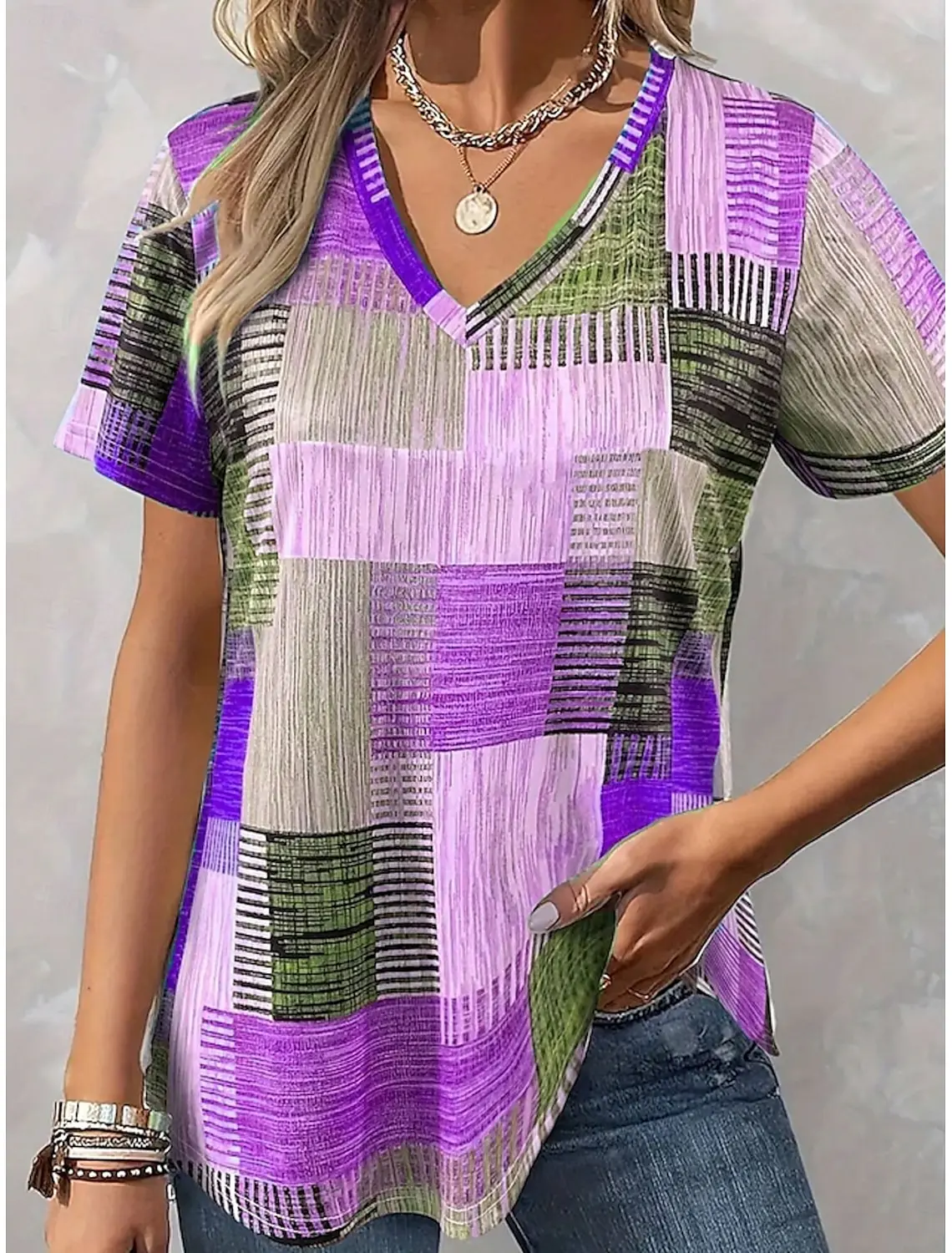 T-shirt a blocchi di colore Patchwork Stampa 3D T-shirt a maniche corte con scollo a V retrò da donna Y2K T-shirt oversize Harajuku Top Abbigliamento femminile