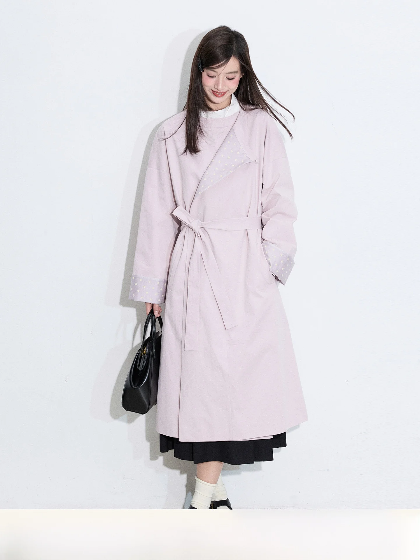 

Loose Fit Floral Print Windbreaker Women's round Ne Jaet Mid-Length Spring Outerwear Casual Commute Sle Cotton Material