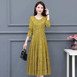 Women Korean Middle-aged Elderly People Dress 2023 Autumn/Winter Gold Velvet Solid Embossed V-Neck Long Sleeve Swing Mom's Dress