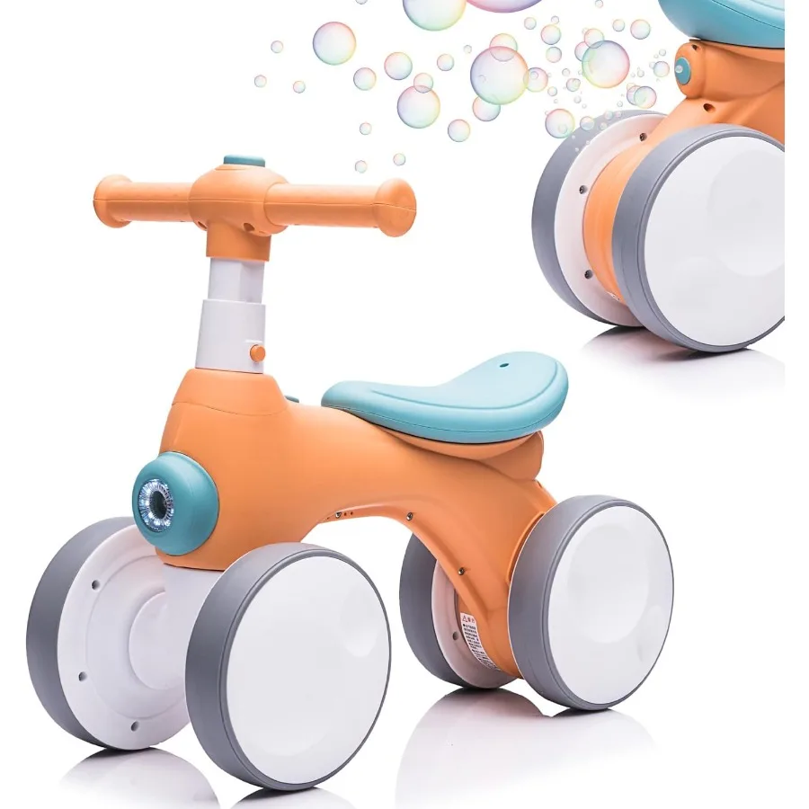 Baby Toddler Balance Bike with Bubble Machine for 1 Year Old 4 Wheels Balance Bike w/Bubble Maker Ride on Toys Headlight for Ag