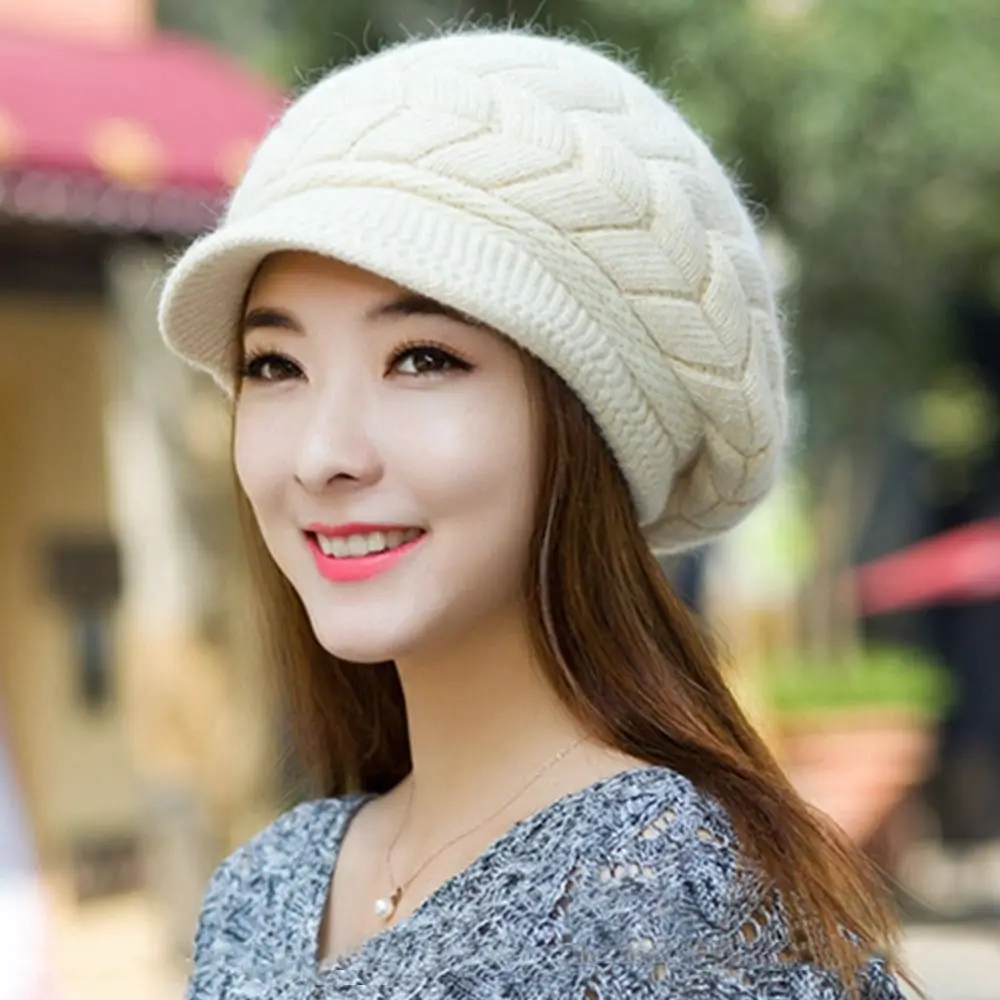 Casual Thickened Knitted Wool Hat Wool Keep Warm Beret Hat Windproof Ear Protection Duck Tongue Cap for Women