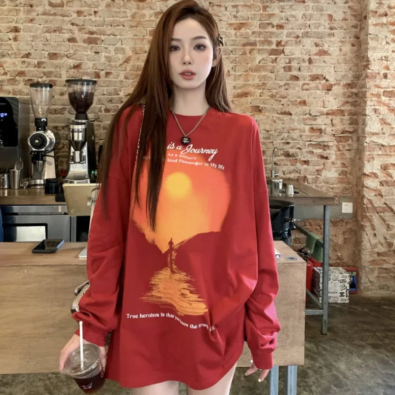 

Новинка Весна 2024, блузка с круглым вырезом, футболка с принтом и длинным рукавом, Женское пальто оверсайз, Повседневная рубашка с приталенным низом, тонкие Топы