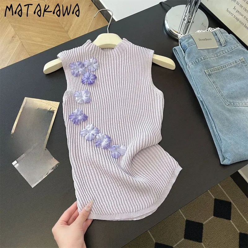 

Matakawa Thin Sweaters Women Tops Flowers Sleeveless Spring Summer Short Vests Korean Fashion Elegant Retro Sweet Pullovers