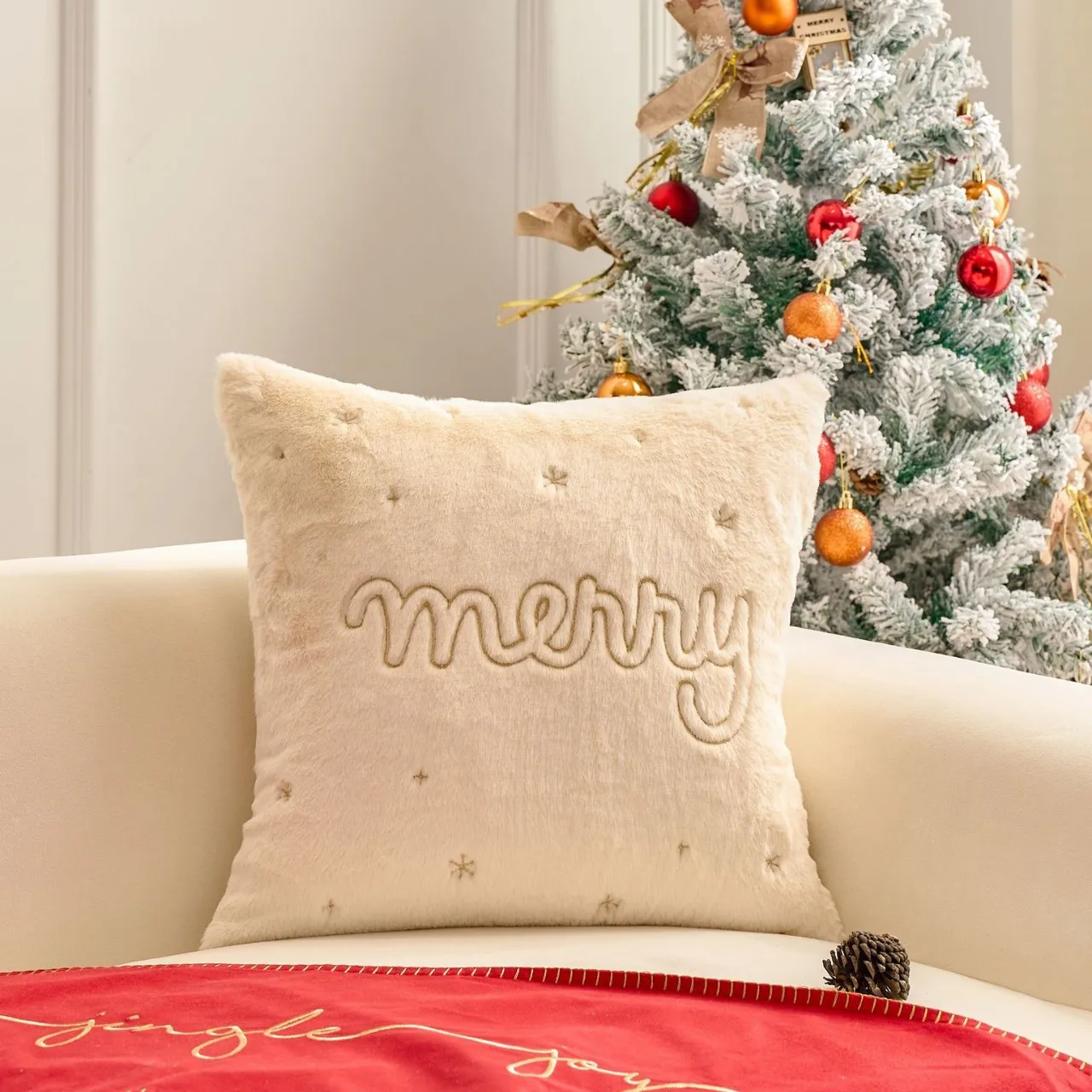 Kerst kussensloop 45x45cm, wit namaak konijnenbont, gouden borduurwerk sneeuwpop sneeuwvlokken, winter decor, gezellige vakantie huisaccen