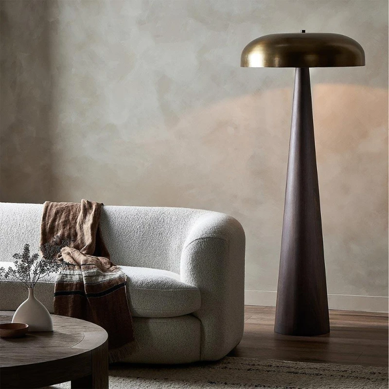 

Metal lid retro electroplated bronze cone woodworking villa living room high-end standing lamp