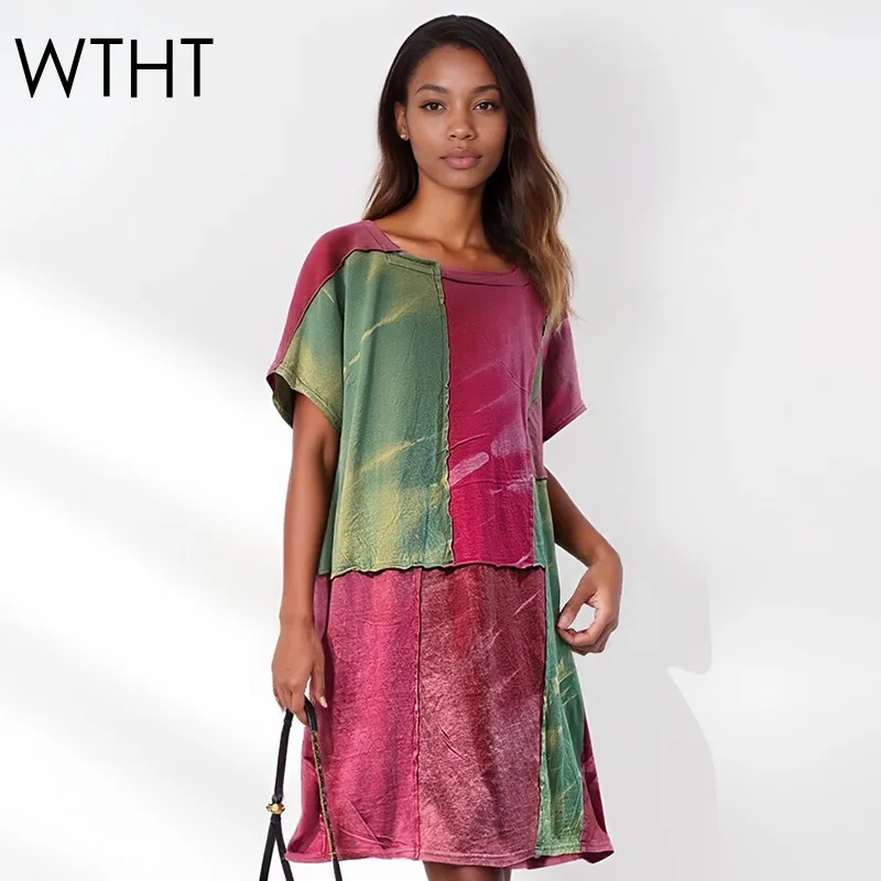 

Модное женское платье WTHT в стиле ретро с контрастными вставками и короткими рукавами, весна 2026, трендовое, с круглым вырезом, свободного кроя, модель 1LS2866