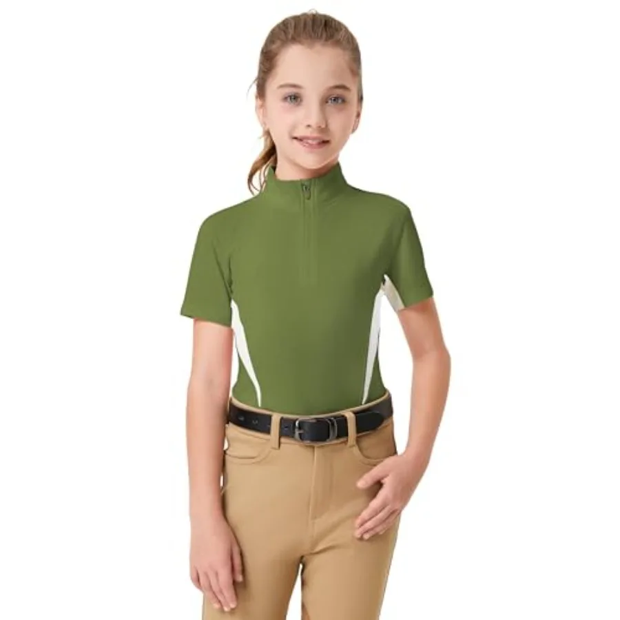 

Girls Short Sleeve Equestrian Shirt Quick Dry Horse Riding Shirts Half Zip Horseback Show Shirt