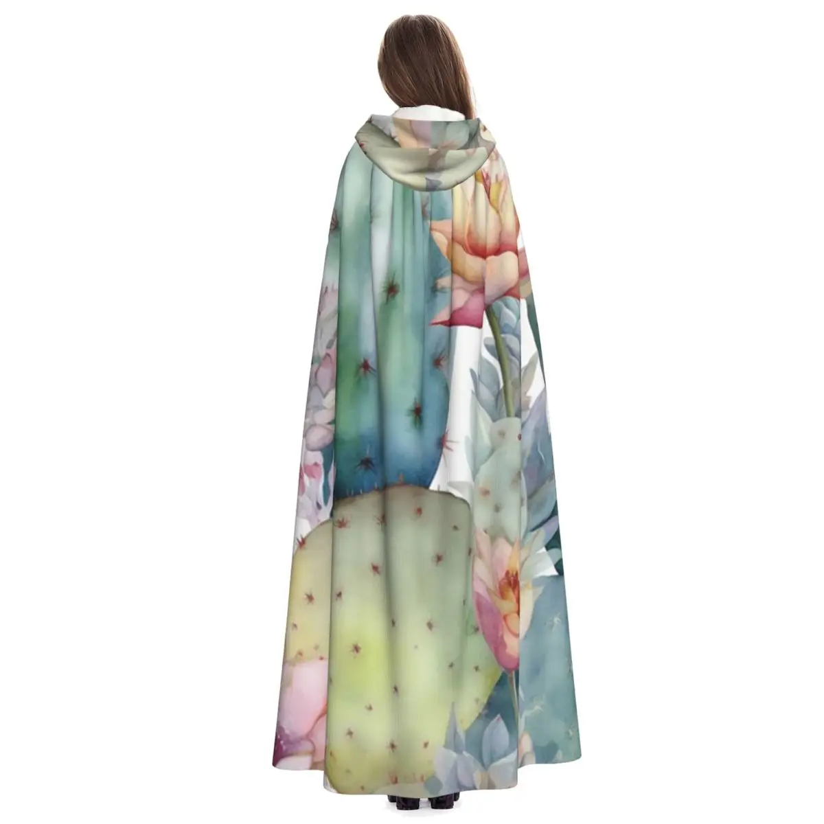 Watercolor Cactus Pattern Long Hooded Cloak Witch Medieval Costume Cosplay Cape HalloweenVampire Adult Unisex