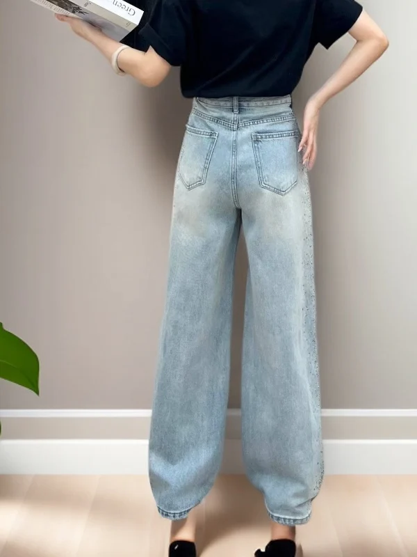 

Spring High Waist Straight Leg Diamond Embellied Wide Leg Jeans Floor Length Casual Sle Women's Premium Feeling Jeans
