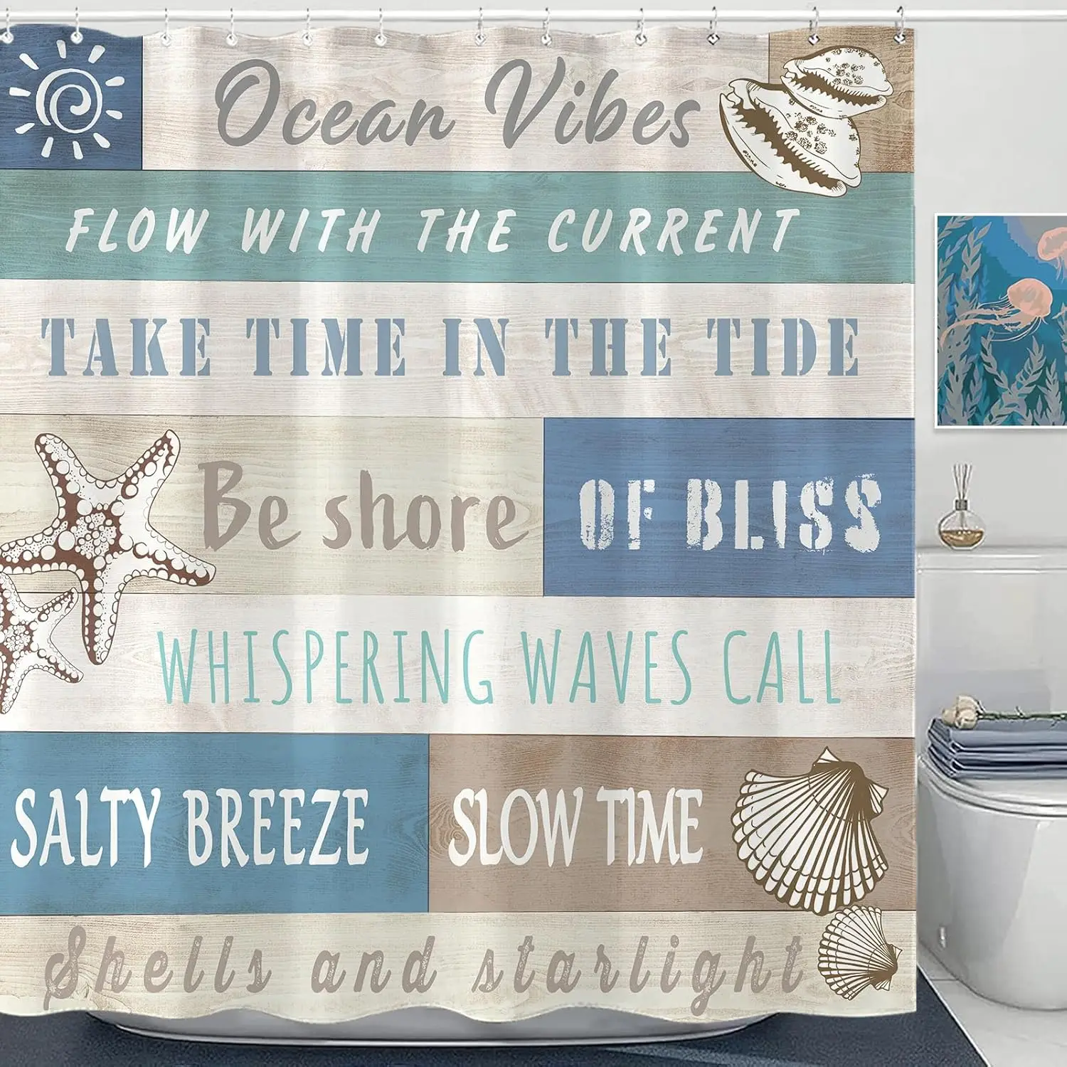 

Занавеска для душа Ocean Vibes, пляжная тема, ракушки морской звезды, морской дизайн, прибрежный декор, водонепроницаемая ткань, летний стиль, дом