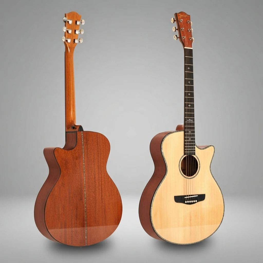 Acoustic Guitar 6 String Cutaway Light Top Dark Back Sides Cross Inlay Chrome Tuners White Bridge Pins Glossy Body Slim Neck