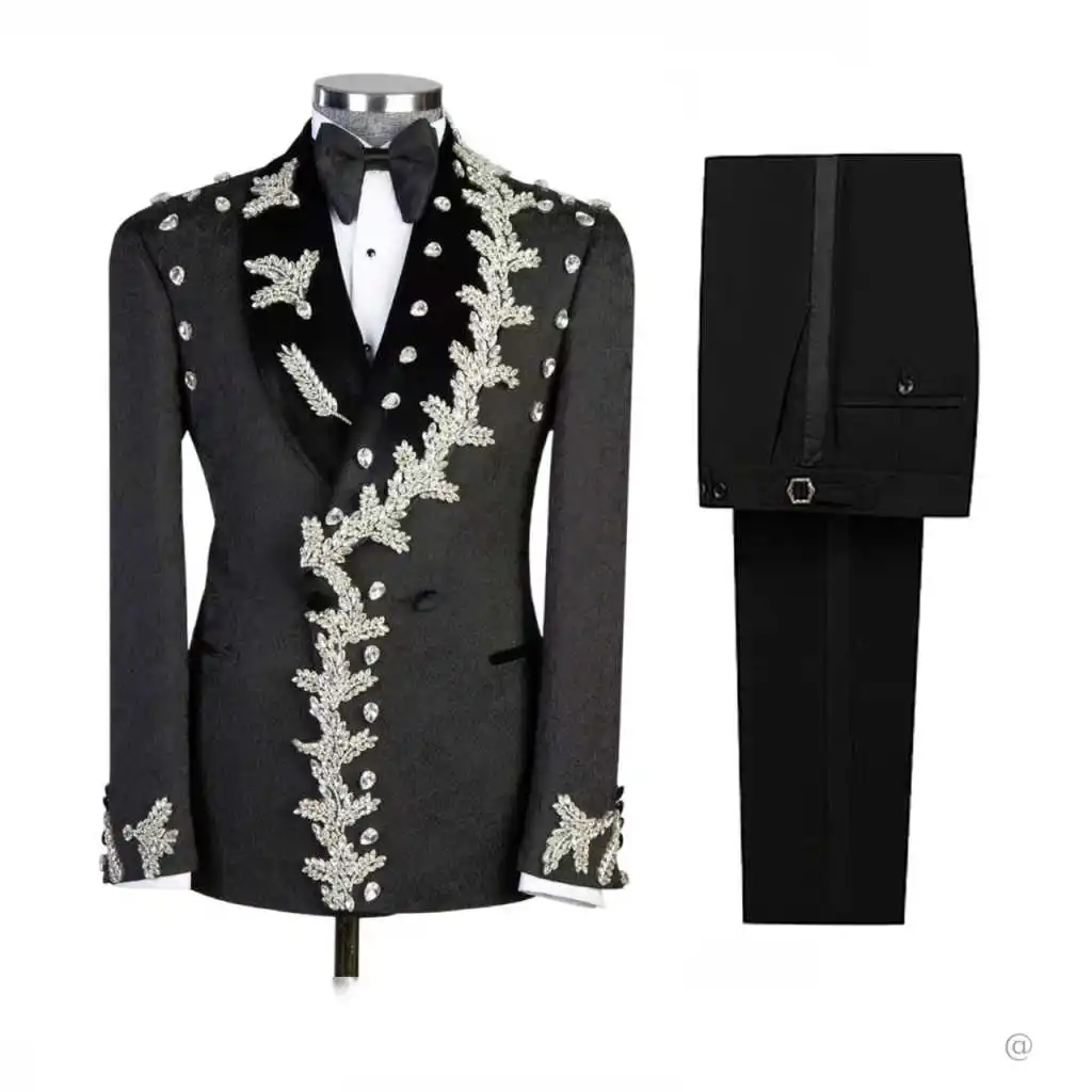 

Formal Men Wedding Tuxedos 2 Pieces Shawl Lapel Double Breasted Pant Blazers Crystals Business Party Customized
