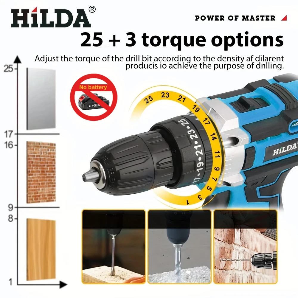 HILDA Electric Drill 21V Power Tool Cordless Electric Rotating Drill Head Offer 25+3 Torque Adjustment Modes for Makita Battery