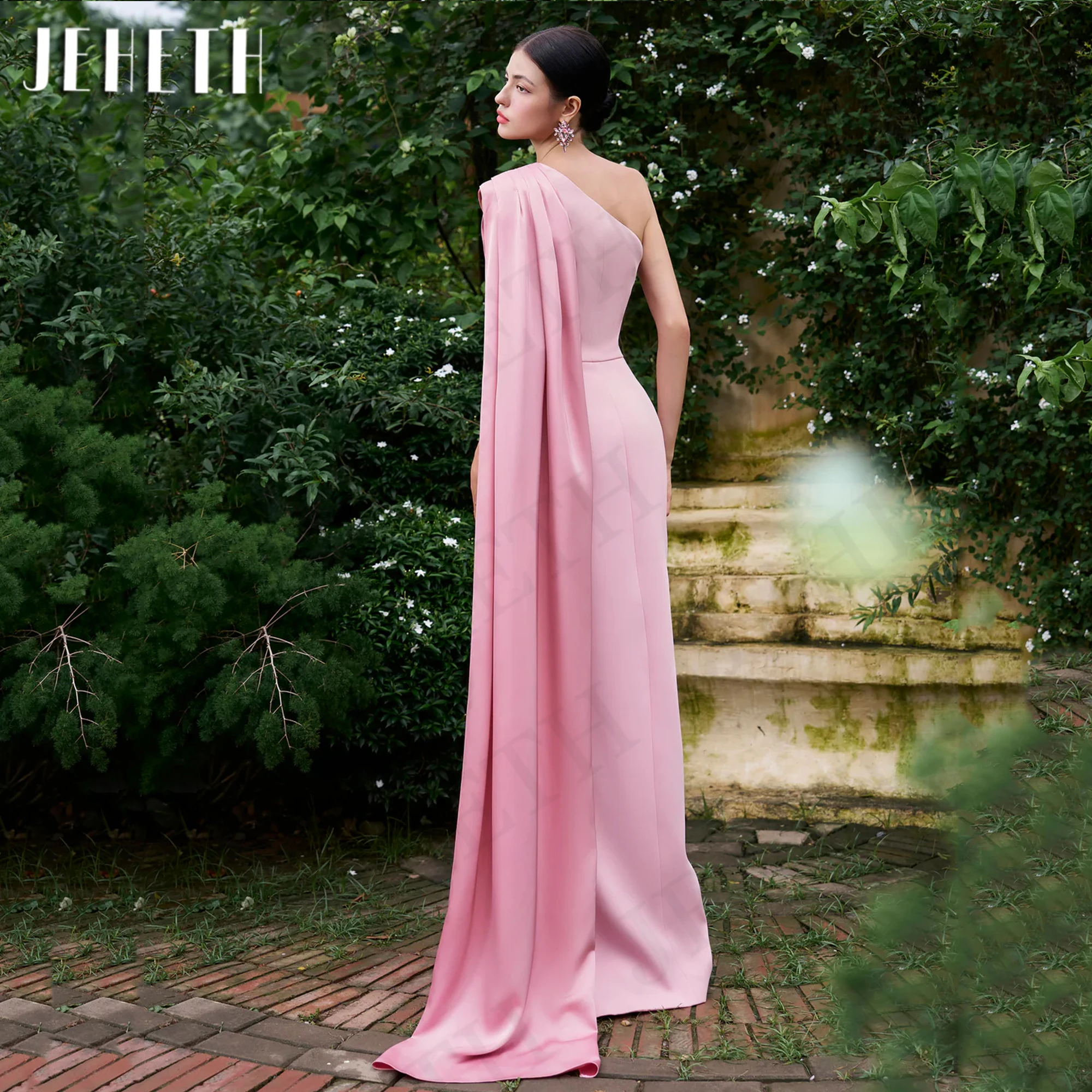 JEHETH Pink Elegant Evening Dresses Mermaid Dubai Arabia One Shoulder Elastic Soft Satin Banquet Party Dress Women فستان سهرة