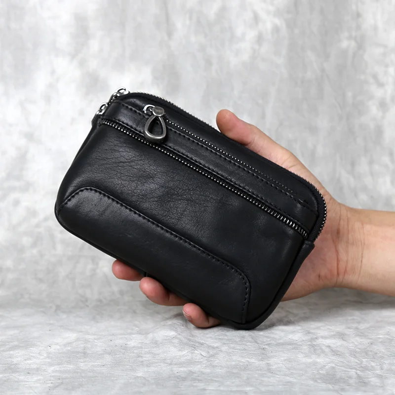 Herren-Gürteltasche aus echtem Leder, horizontal, für Mobiltelefone, Retro-Stil, Oberschicht aus Rindsleder, schlicht, lässig, mit Doppelreißverschluss, JLFGPJ – Detail 5