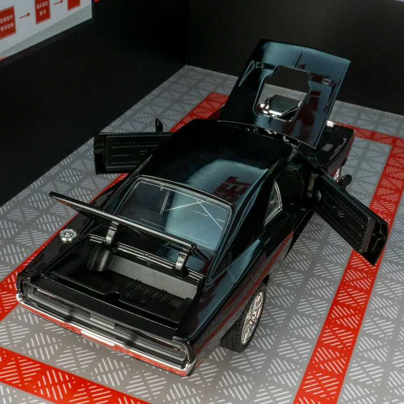Modelo de coche de aleación Dodge 1:24 con fuerza de dirección, juguetes con sonido y luz, puertas y capó del motor, el maletero se puede abrir
