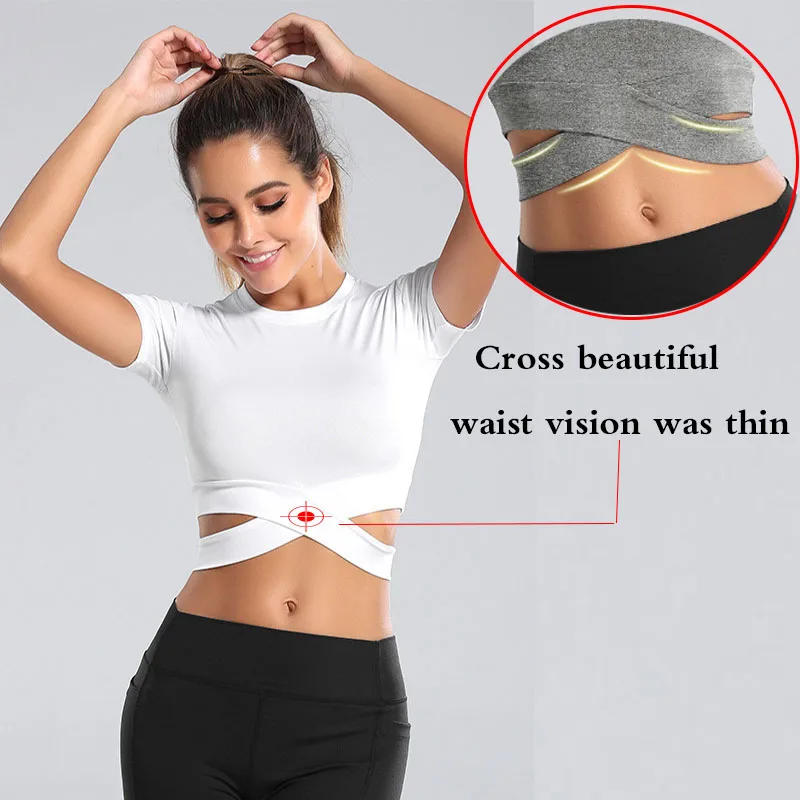 Aiithuug Sexy Waist Yoga Short Sleeve Crisscross Waist Breathable Gym Shirts Sports Tops Workout Fitness Crop Top Yoga Top